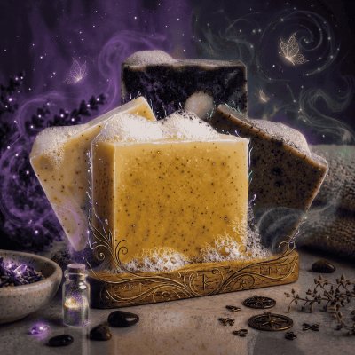 Barras de jabón artesanal de lavanda con espuma en un plato de madera con flores